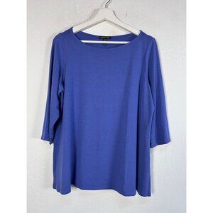 Eileen Fisher Womens Boat Neck 3/4 Sleeve Tunic Top XL Solid Blue Stretch Casual